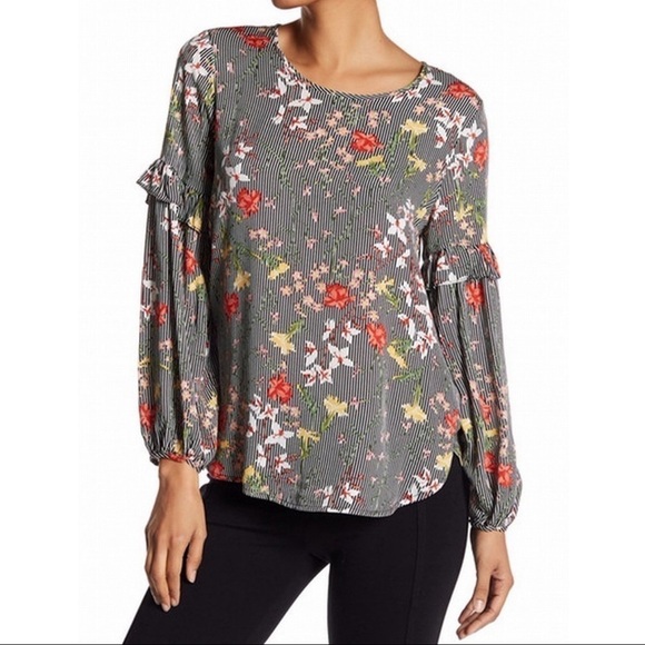 Pleione Ruffle Sleeve Floral Print Stripe Blouse L - Picture 1 of 9